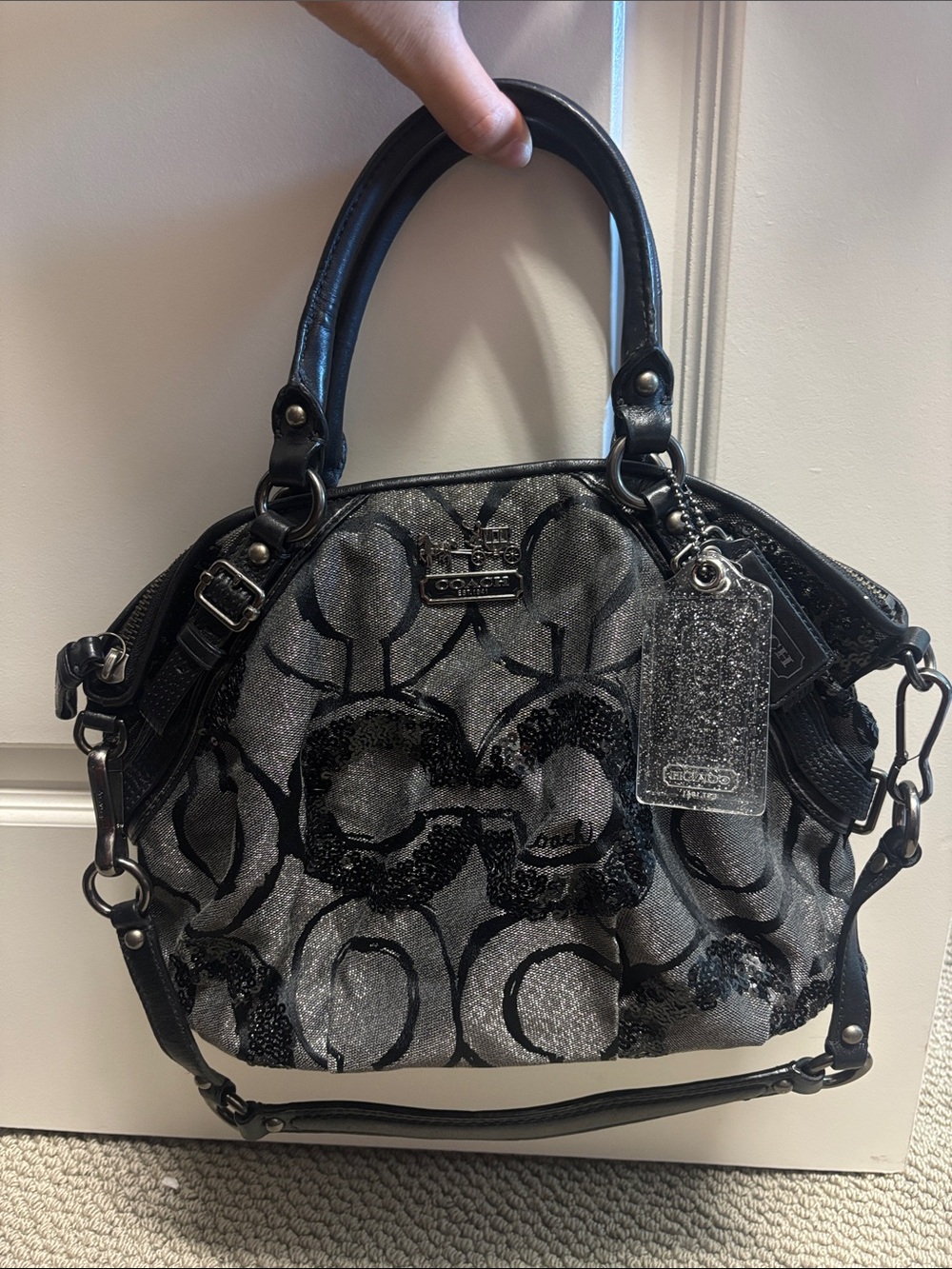 Coach Silver and Black Signature Sequin Satchel